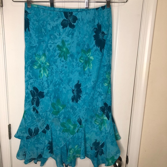 VINTAGE Y2K Fairy Floral Hawaii Tropical Ruffle Midi Skirt Blue and Green XL - Picture 9 of 11